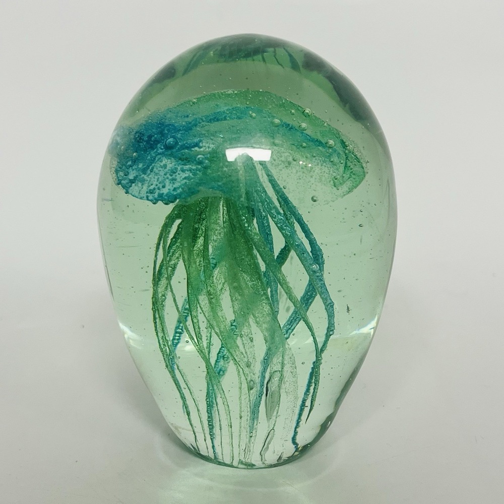 3 1/2" Tall Glass Paperweight Bubble Green Blue Floating Jelly Fish